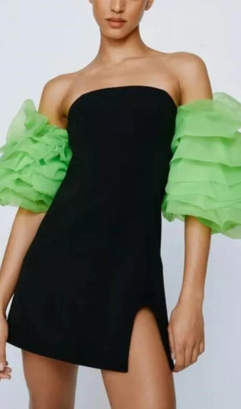 ORGANZA PUFF SLEEVE MINI DRESS IN BLACK-Fashionslee