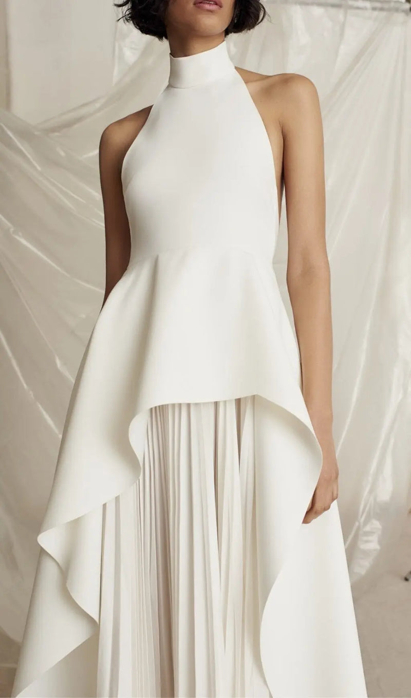 BANDAGE HALTER IRREGULAR MAXI DRESS IN WHITE-Fashionslee