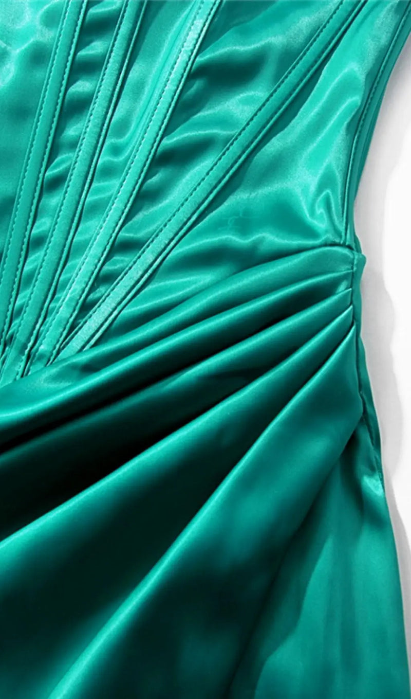 EMERALD STAIN STRAPLESS RUCHED MIDI DRESS-Fashionslee