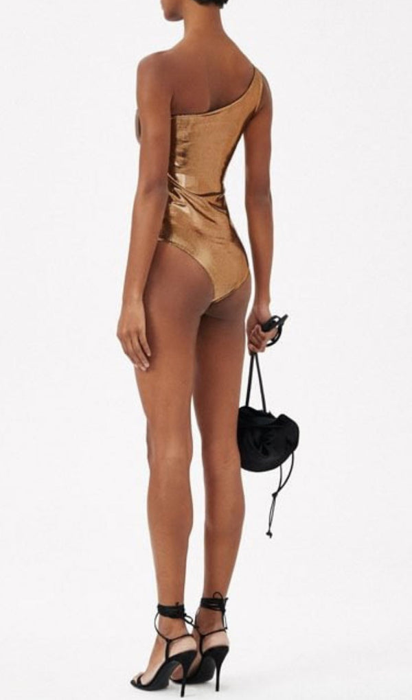 DIAGONAL CUTOUT FLOWER SWIMSUIT IN GOLD-Fashionslee