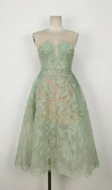 ALLYSON GREEN FLORAL LACE EMBROIDER MIDI DRESS-Fashionslee