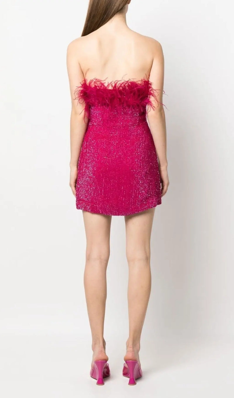 SEQUIN FEATHER STRAPLESS MINI DRESS IN HOT PINK-Fashionslee