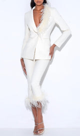 CREAM WHITE BLAZER SUIT WITH FEATHER TRIM-Fashionslee