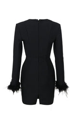 STRETCH LONG SLEEVES FEATHER MINI DRESS IN BLACK-Fashionslee