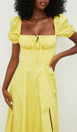 VINTAGE FLORAL PUFF SLEEVE MIDI DRESS IN YELLOW-Fashionslee