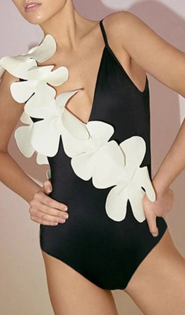 FLOWER DECOR BACKLESS ONE PIECE SWIMSUIT IN BLACK-Fashionslee