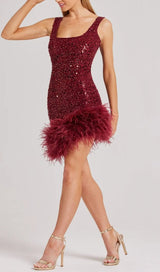 RED FEATHER SEQUIN DRESS-Fashionslee