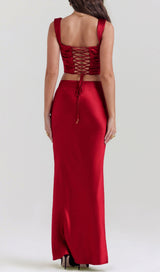 SATIN RUCHED TWO PIECES SET IN RED-Fashionslee