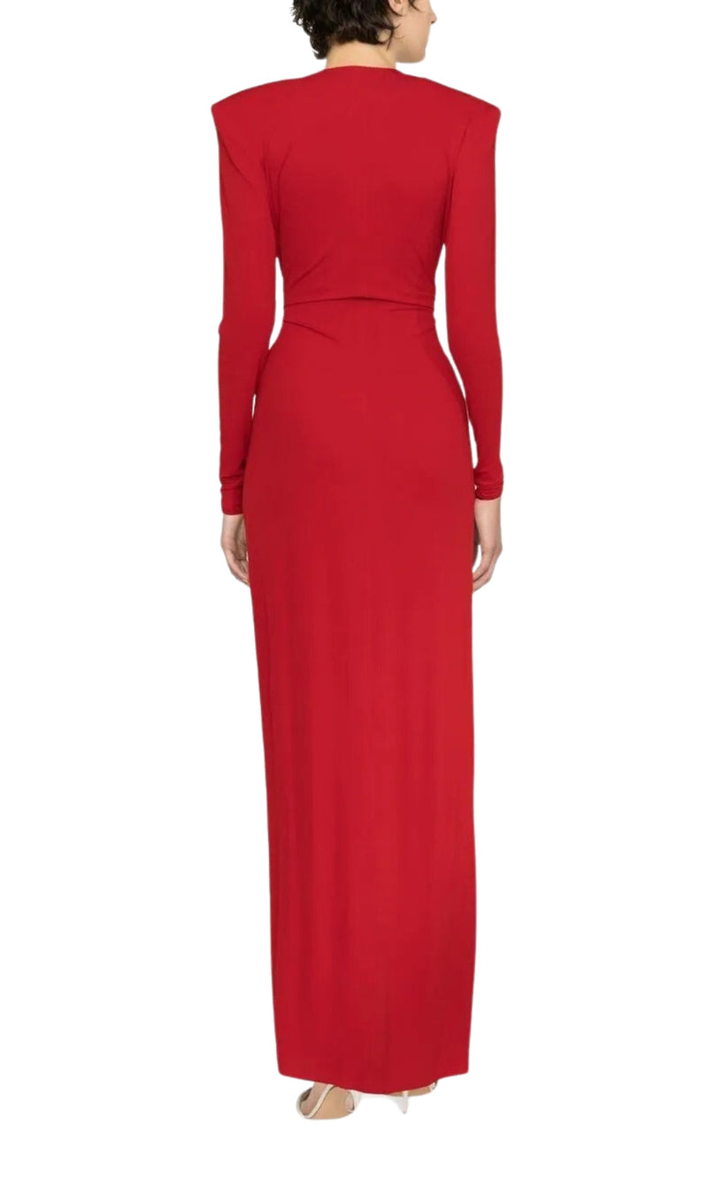 RED PLUNGE-NECK DRAPED GOWN-Fashionslee