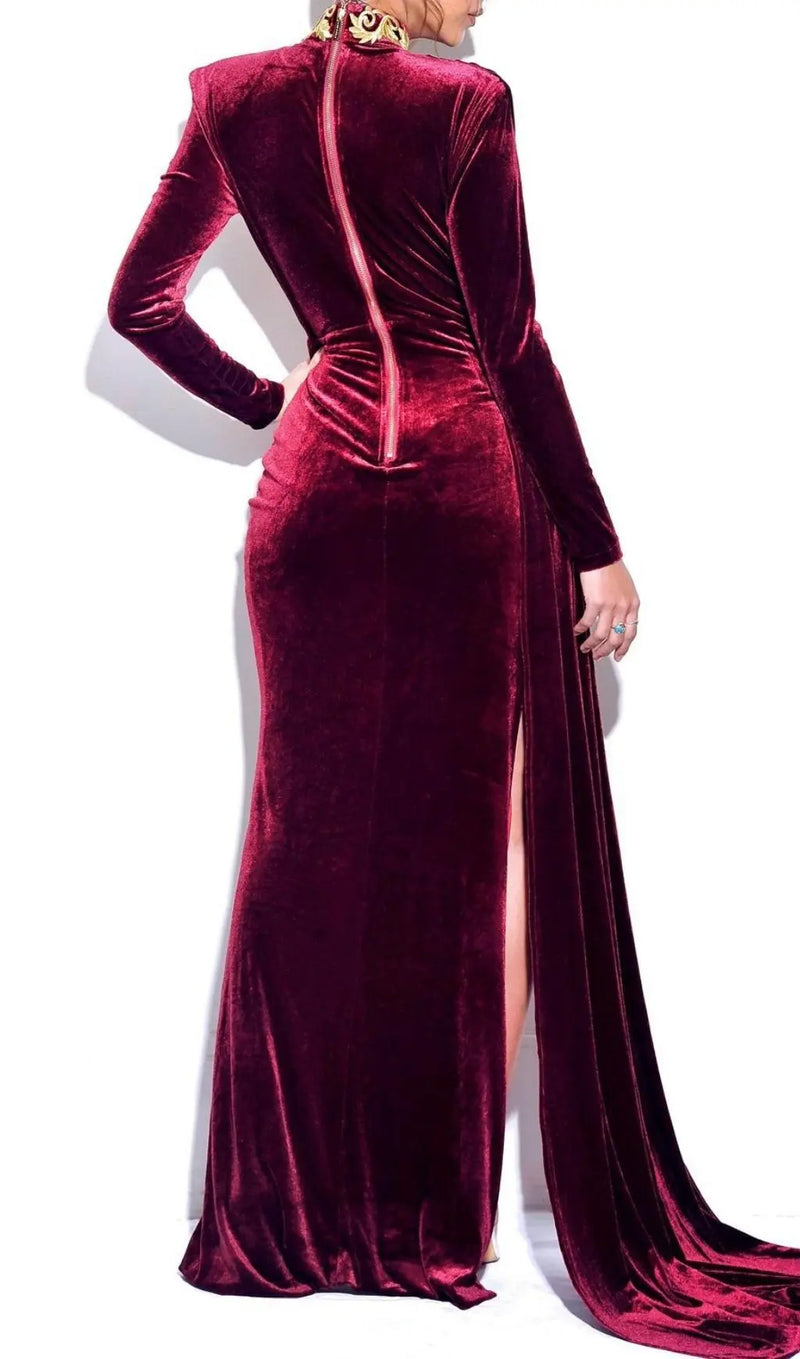 RED CUTOUT VELVET MAXI DRESS-Fashionslee