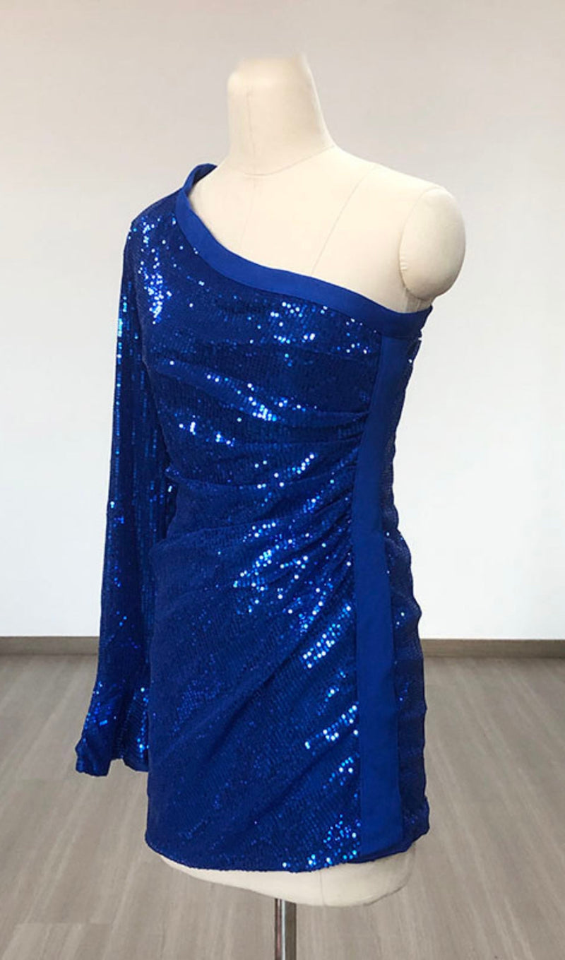 BLUE SEQUIN ONE SHOULDER BODYCON DRESS-Fashionslee