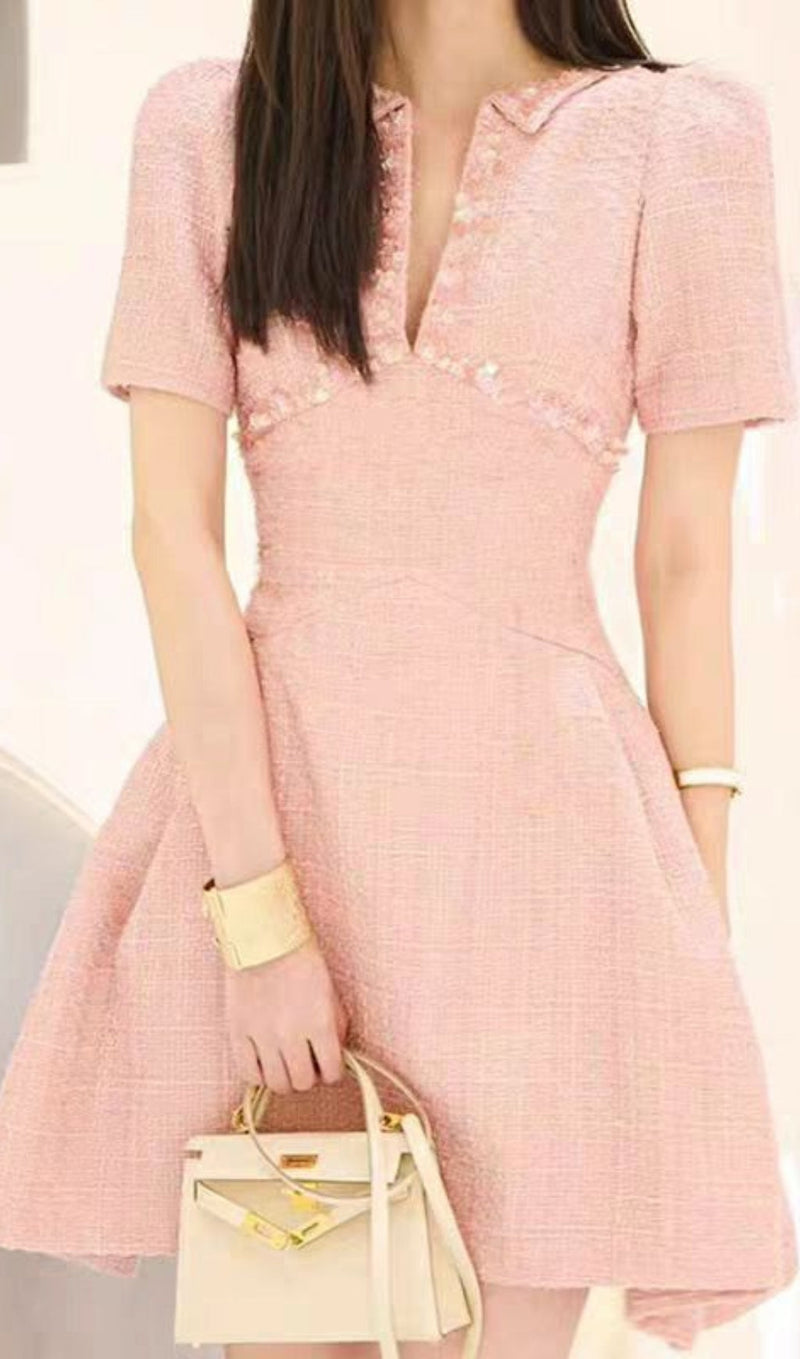 A-LINE BEADED SEQUINE MINI DRESS IN PINK-Fashionslee