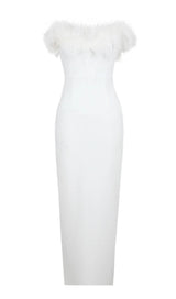 FEATHER BODYCON MAXI DRESS IN WHITE-Fashionslee