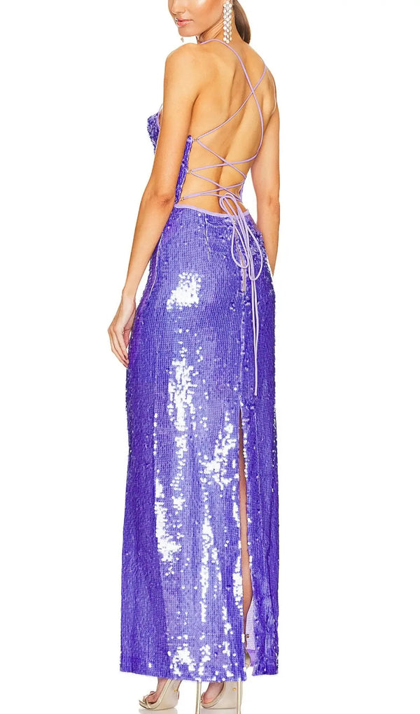 SEQUIN BACKLESS MAXI DRESS IN PURPLE-Fashionslee