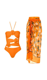 HALTER CUTOUT 3D FLOWER DECOR ONE PIECE SWIMSUIT AND SARONG-Fashionslee