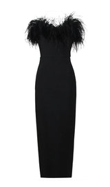 FEATHER BODYCON MAXI DRESS IN BLACK-Fashionslee