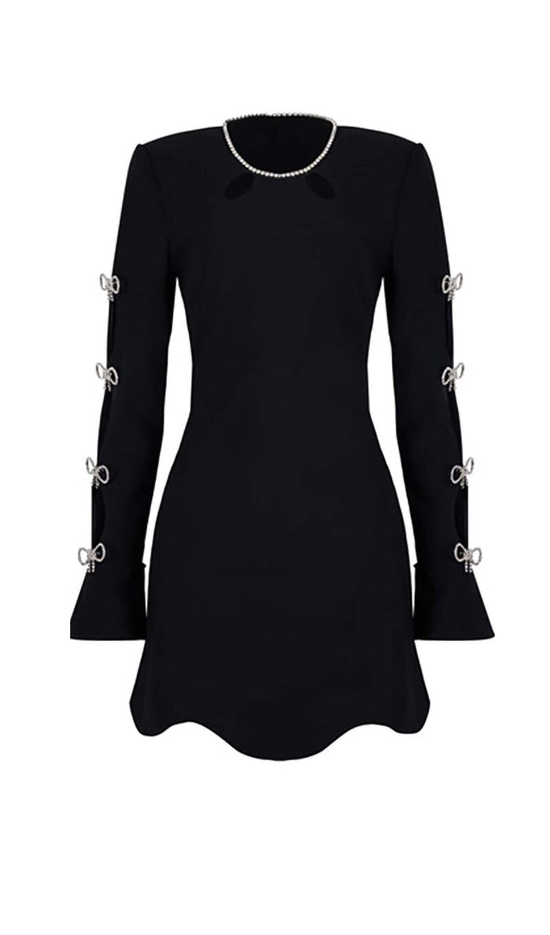 RHINESTONE BOW-EMBELLISHED MINI DRESS IN BLACK-Fashionslee