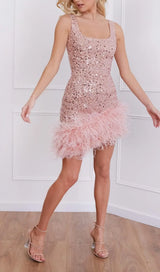 PINK FEATHER SEQUIN DRESS-Fashionslee