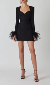 STRETCH LONG SLEEVES FEATHER MINI DRESS IN BLACK-Fashionslee