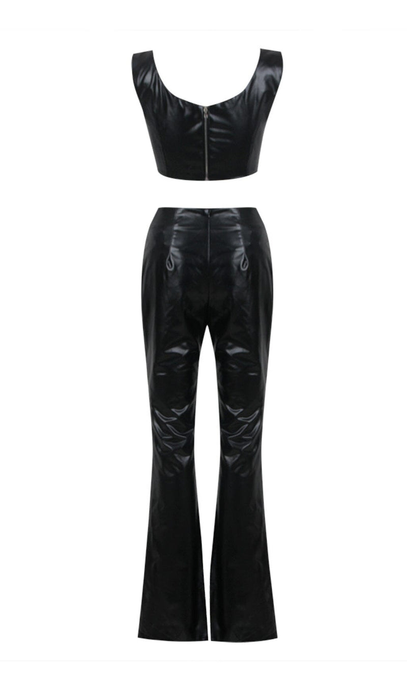 CRYSTAL EMBELLISHMENTS LEATHER TWO PIECE SUIT IN BLACK-Fashionslee