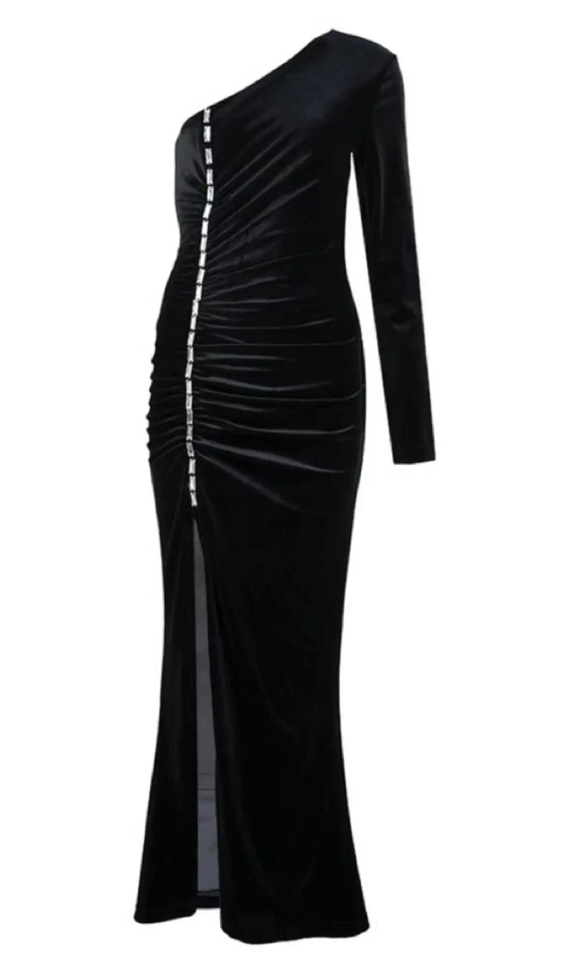 VELVET DIAMOND ONE SHOULDER SPLIT MAXI DRESS IN BLACK-Fashionslee