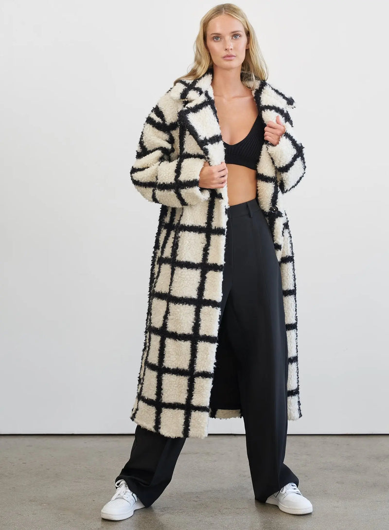 Nina Faux Fur Check Coat Cream And Black-Fashionslee
