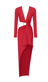 RED V-NECK LONG-SLEEVE SPLIT DRESS-Fashionslee