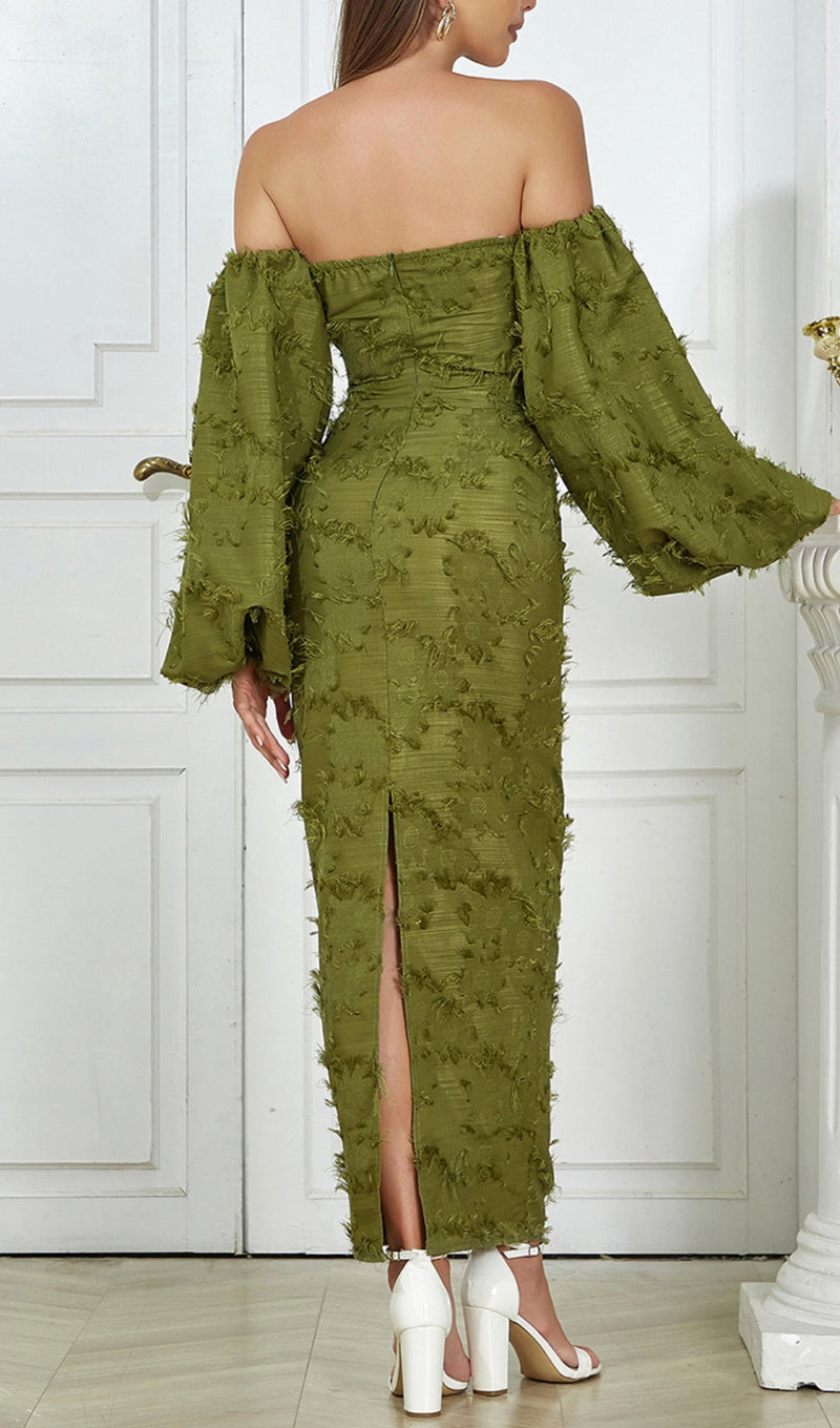 GREEN PUFF SLEEVE TIGHT SPLIT DRESS-Fashionslee