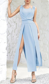 LIGHT BLUE BACKLESS SUSPENDER TIGHT SLIT DRESS-Fashionslee
