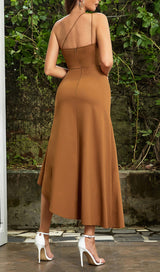 BROWN ONE SHOULDER SLEEVELESS CASUAL DRESS-Fashionslee