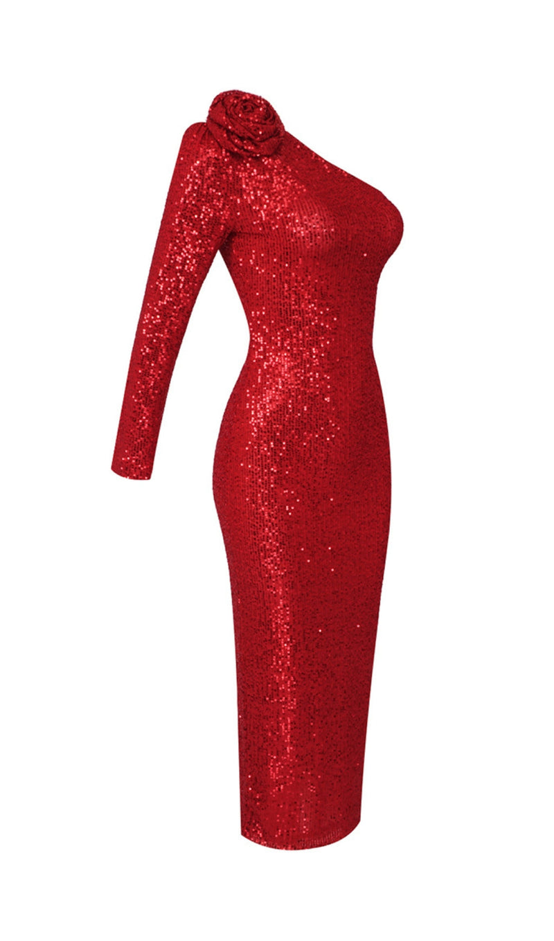 RED THREE-DIMENSIONAL ONE-SHOULDER FLORAL SEQUINED STRETCH DRESS-Fashionslee