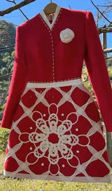 STAND COLLAR LONG SLEEVE HIGH WAIST PATCHWORK EMBROIDERY MINI DRESS-Fashionslee