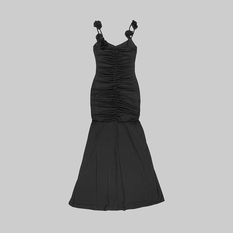 BLACK FLORAL SUSPENDER MAXI DRESS-Fashionslee