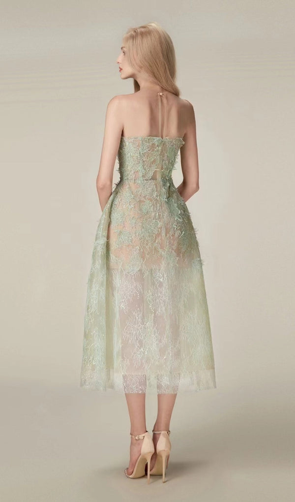 ALLYSON GREEN FLORAL LACE EMBROIDER MIDI DRESS-Fashionslee