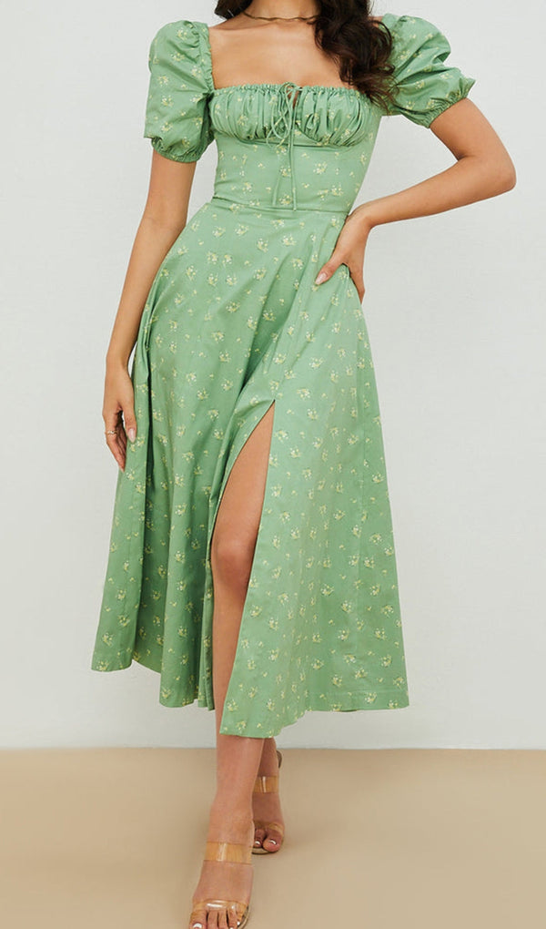 VINTAGE FLORAL PUFF SLEEVE MIDI DRESS IN GREEN-Fashionslee