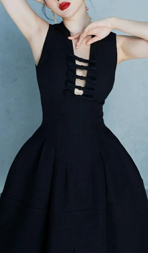 Deep V-Neck Bow Cut-Out Slit Midi Dress-Fashionslee