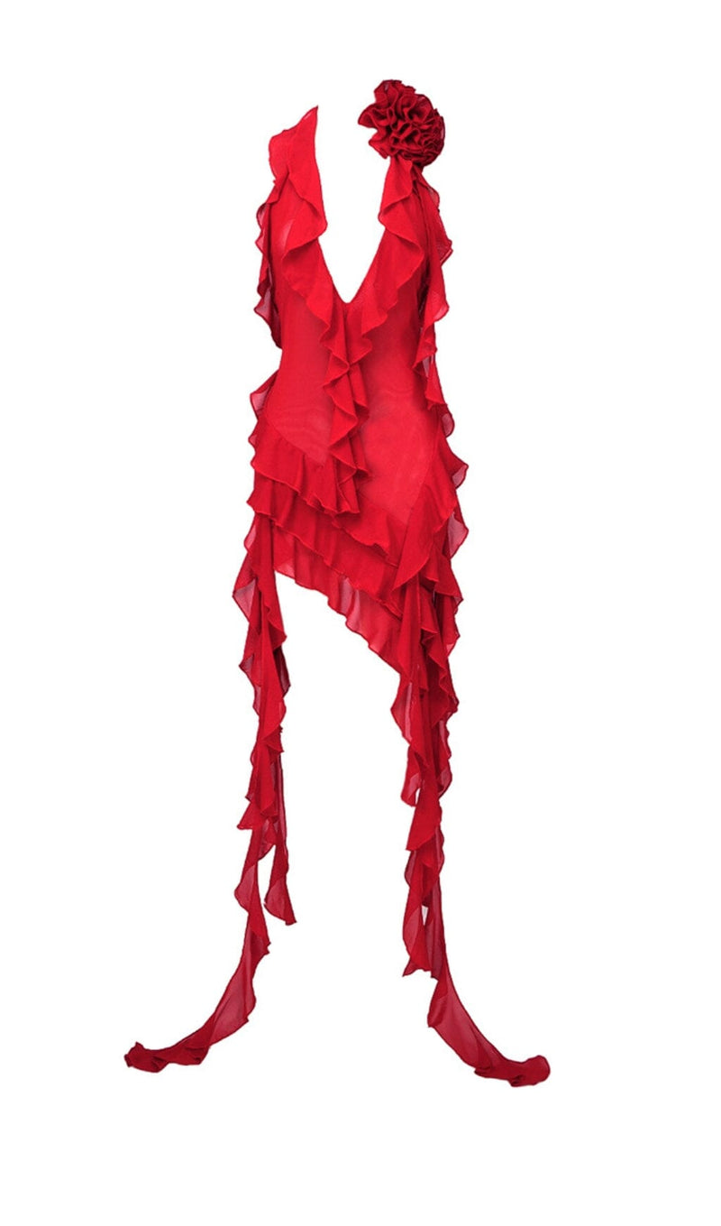 PLUNGING NECKLINE RUFFLE DRESS IN RED-Fashionslee