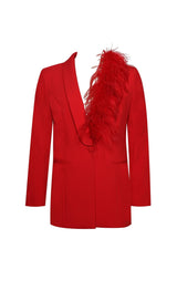 RED BLAZER SUIT WITH FEATHER TRIM-Fashionslee
