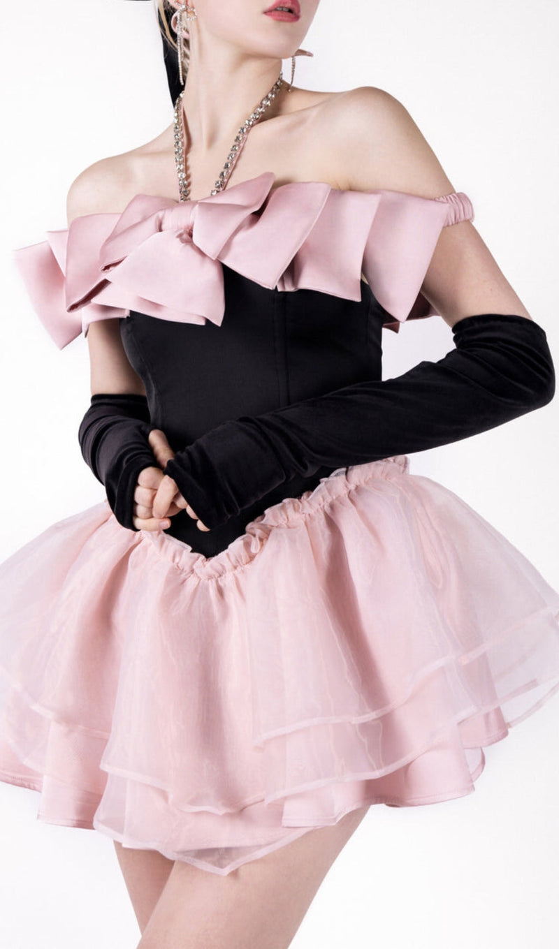 AMARANTA BLACK-PINK BOW RHINESTONE DRESS-Fashionslee