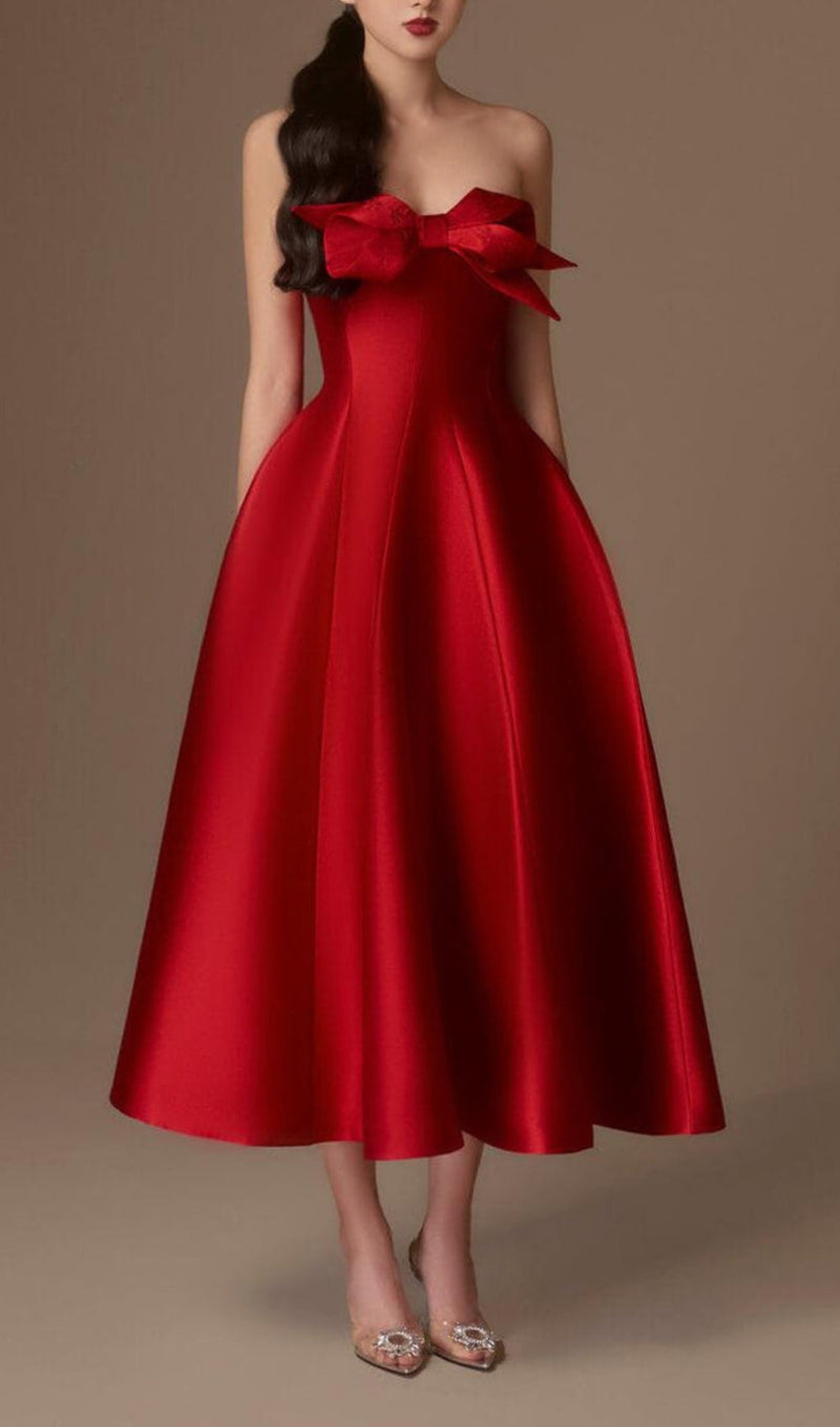 AVANI RED FLARED SEMI-HEART NECK TAFFETA DRESS-Fashionslee