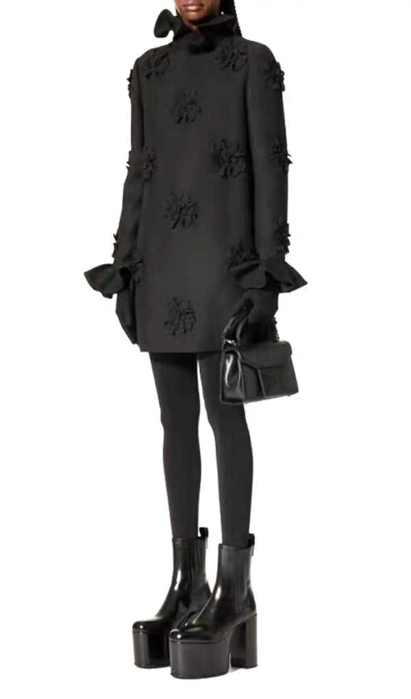 ACELIN BLACK FLOWER EMBELLISHED MINI DRESS-Fashionslee