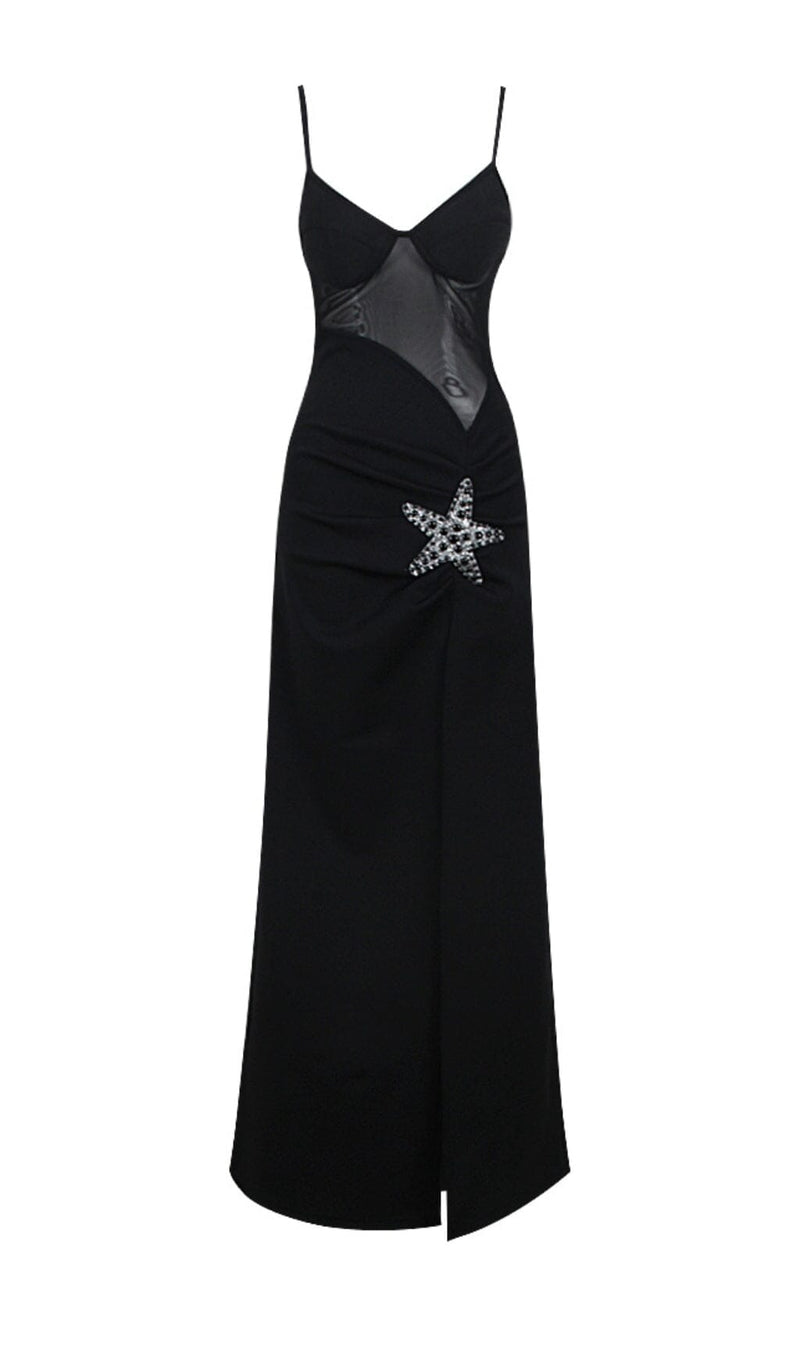 STARFISH EMBELLISHED MESH BODICE MAXI DRESS IN BLACK-Fashionslee