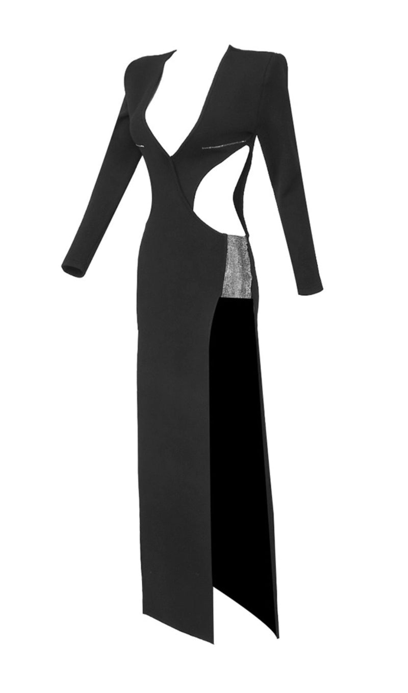LONG SLEEVE CRYSTAL MAXI DRESS BLACK-Fashionslee