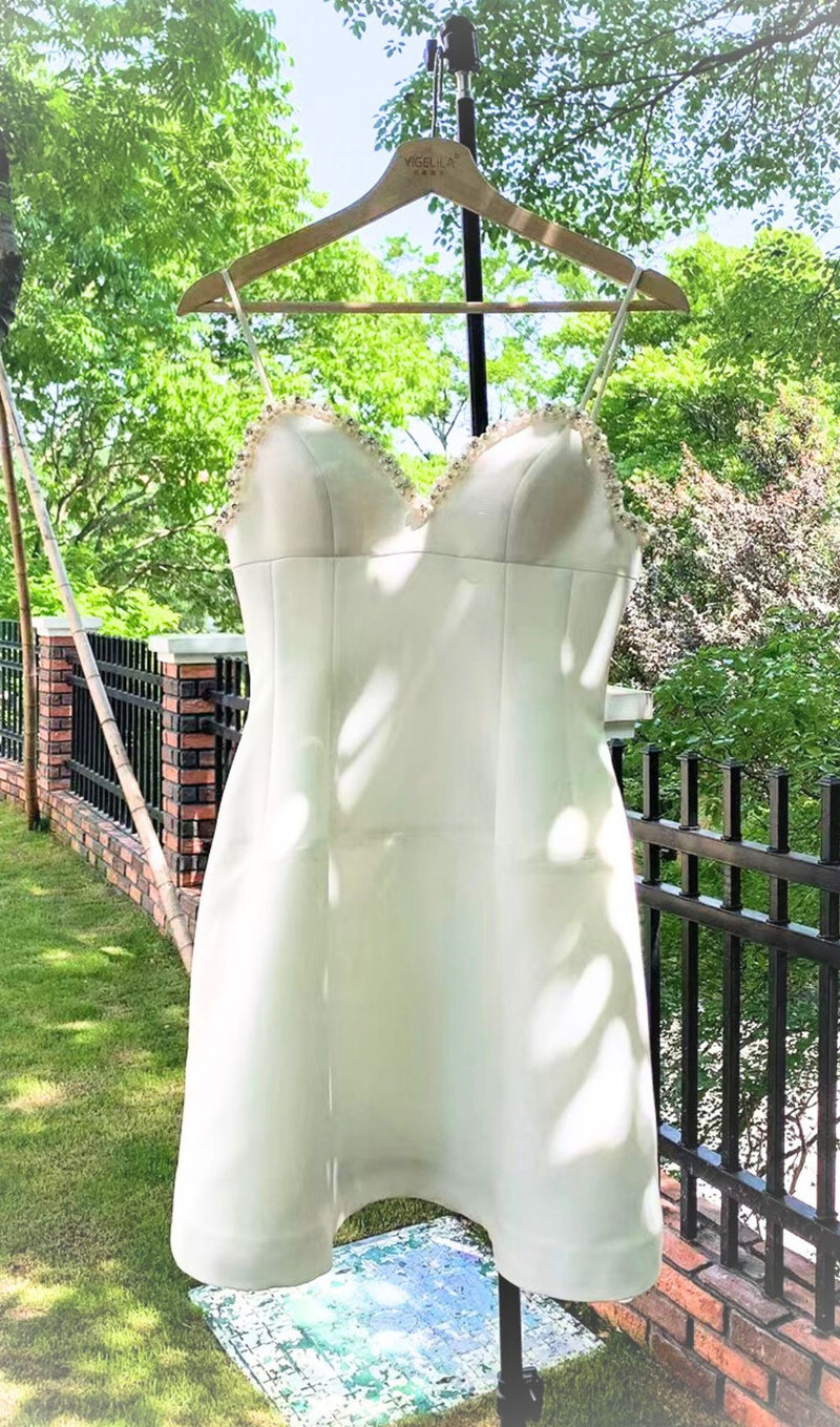 PEARL EMBELLISHED HTM MINI DRESS IN WHITE-Fashionslee