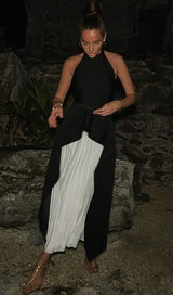 BANDAGE HALTER IRREGULAR MAXI DRESS IN BLACK AND WHITE-Fashionslee