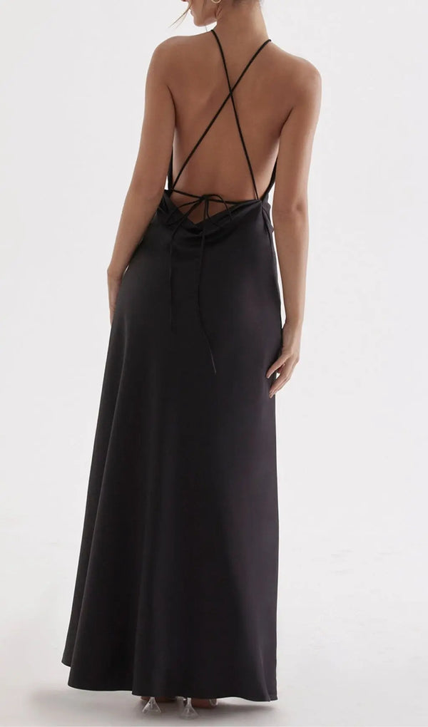BLACK THIGH SLIT MAXI DRESS-Fashionslee