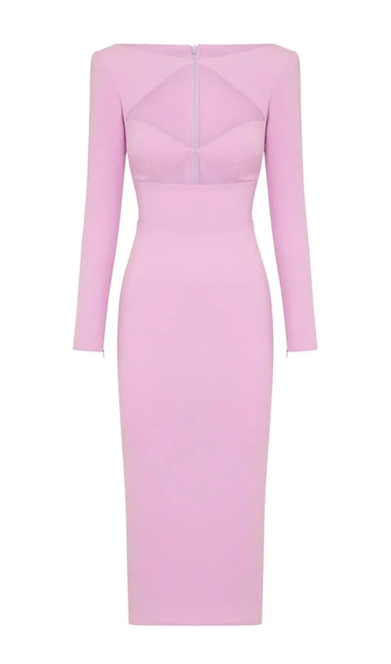 CUT OUT LONG SLEEVE MIDI DRESS IN PINK-Fashionslee