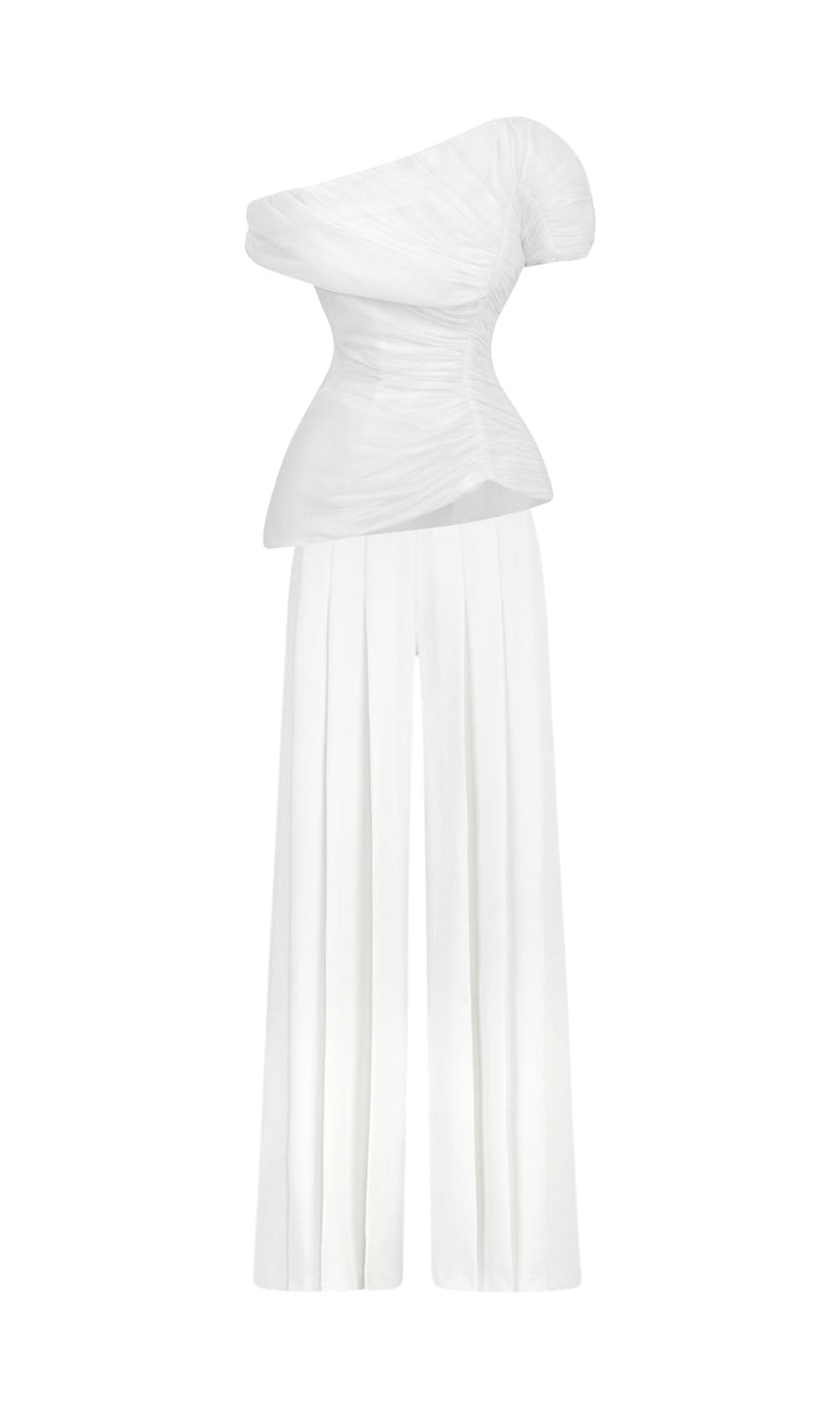AVIVA WHITE FEATHER PLEATED TWO-PIECE SUIT-Fashionslee