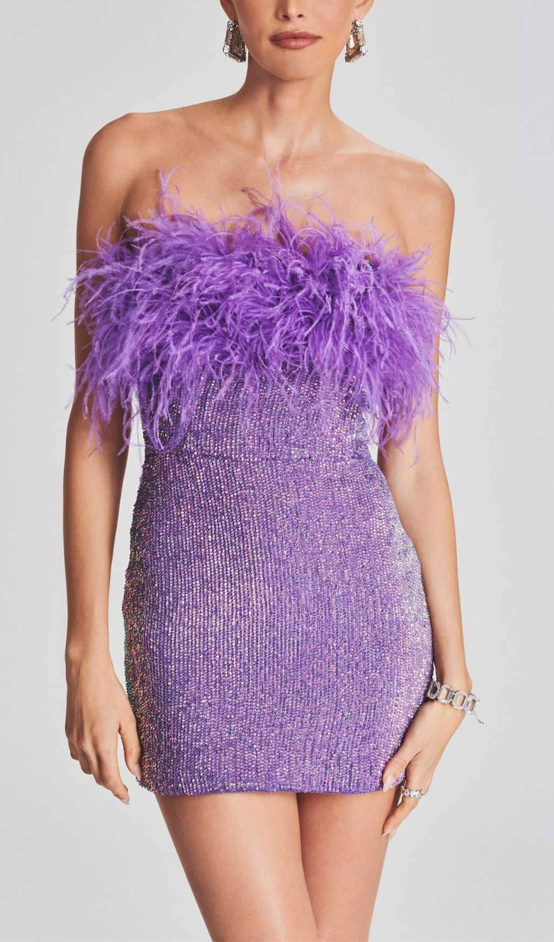 SEQUIN FEATHER STRAPLESS MINI DRESS IN PURPLE-Fashionslee