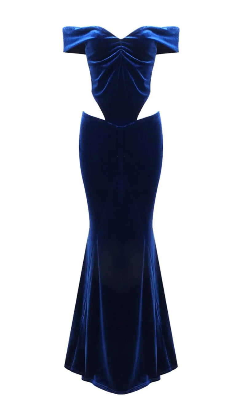 OFF SHOULDER WAIST HOLLOW VELVET MAXI DRESS IN BLUE-Fashionslee